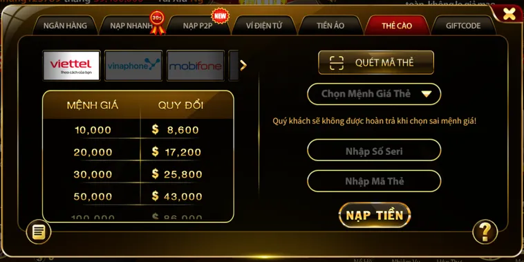 Quy trình nạp tiền qua thẻ cào tại Hitlcub.